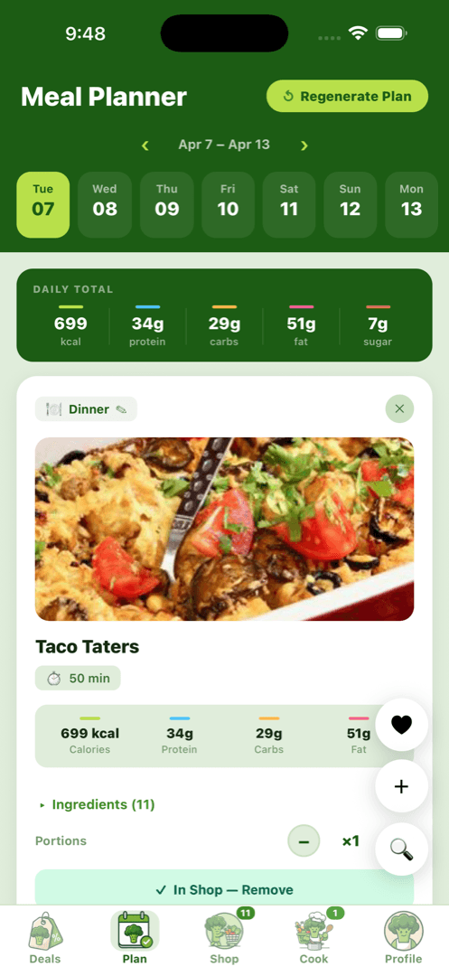 BiteCaddy meal plan view on iPhone