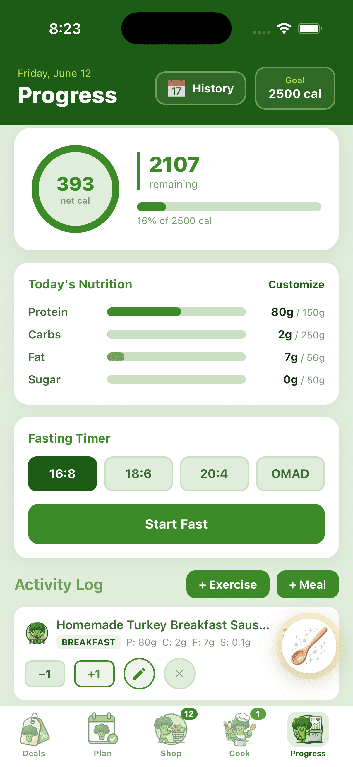 BiteCaddy Progress tab showing calorie ring, macros, fasting timer, and activity log