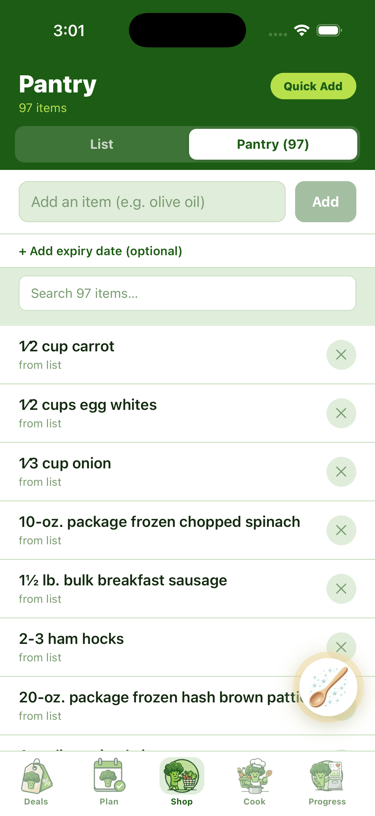 BiteCaddy Pantry sub-tab showing 97 tracked items